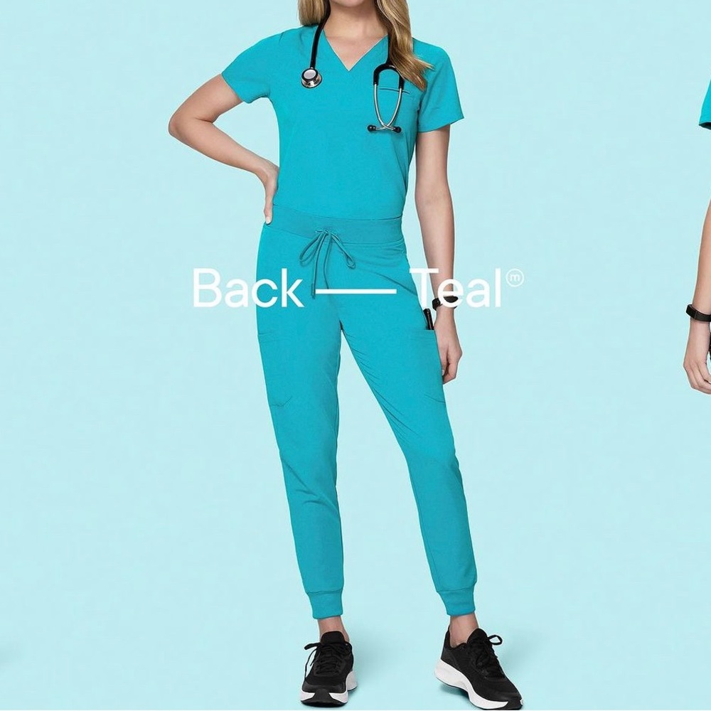 Mandala Teal Scrub Set One Pocket Top High Waisted Joggers